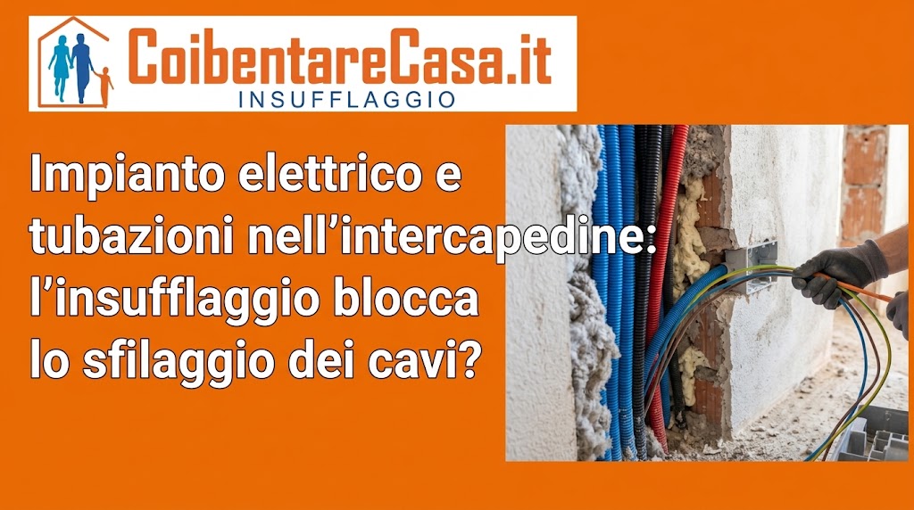 Tubazioni elettriche in guaina blu, gialla e rossa fissate all'interno di una traccia nel muro, con una mano guantata che le sistema.