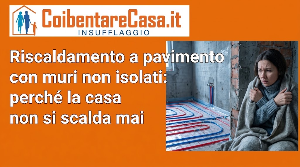 Donna infreddolita avvolta in una coperta accanto a un impianto di riscaldamento a pavimento in una stanza con muri non isolati.