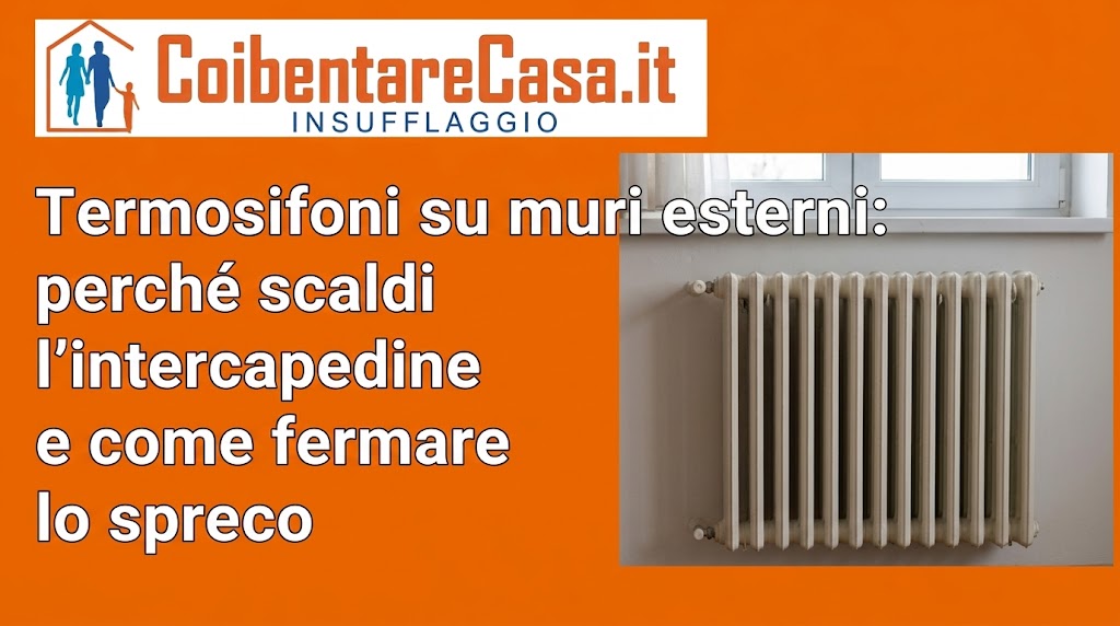 Termosifone bianco a colonne montato su una parete interna sotto una finestra, accanto a una scritta arancione sullo spreco termico.