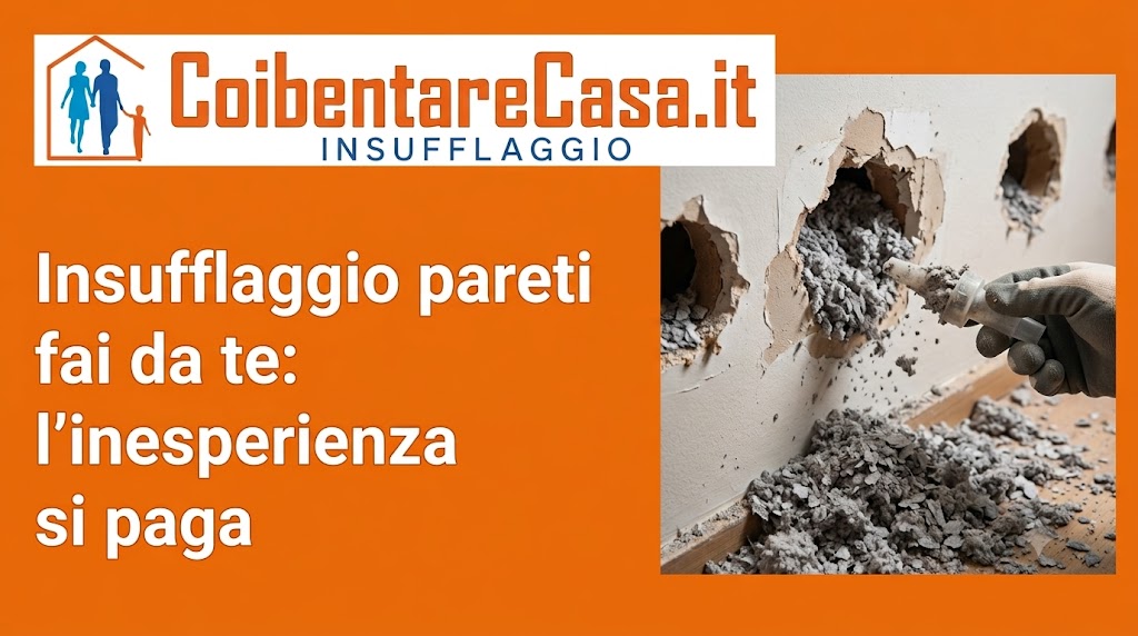 Mano guantata inserisce un tubo in un foro sul muro per iniettare materiale isolante grigio.