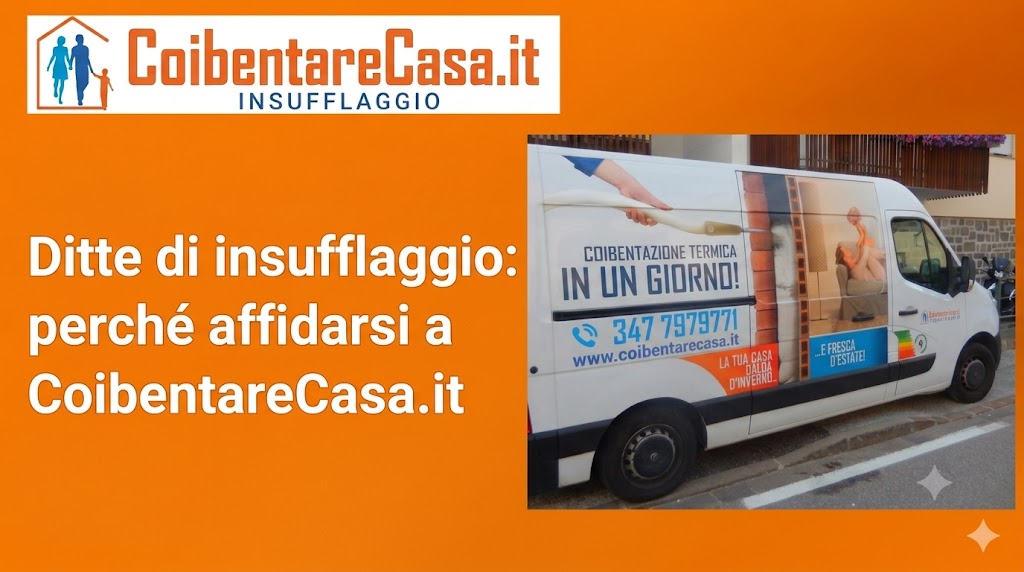 Furgone bianco con grafica informativa sull'isolamento termico e recapiti dell'azienda CoibentareCasa.it parcheggiato su una strada.