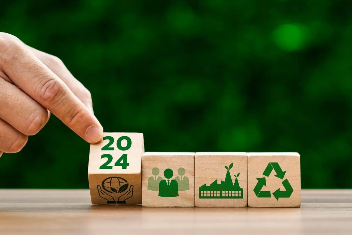 Blocchi di legno 2024 con icone ambientali su sfondo verde.