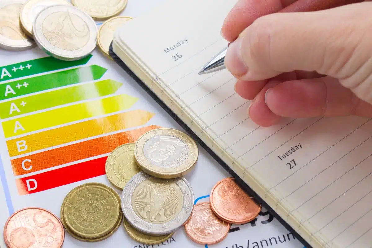 Etichetta energetica con monete e mano che scrive su agenda.
