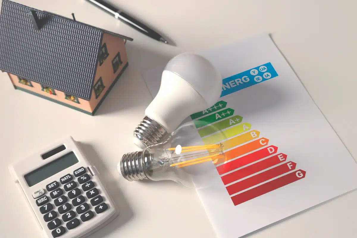 Calcolatrice e lampadine su documento di efficienza energetica.