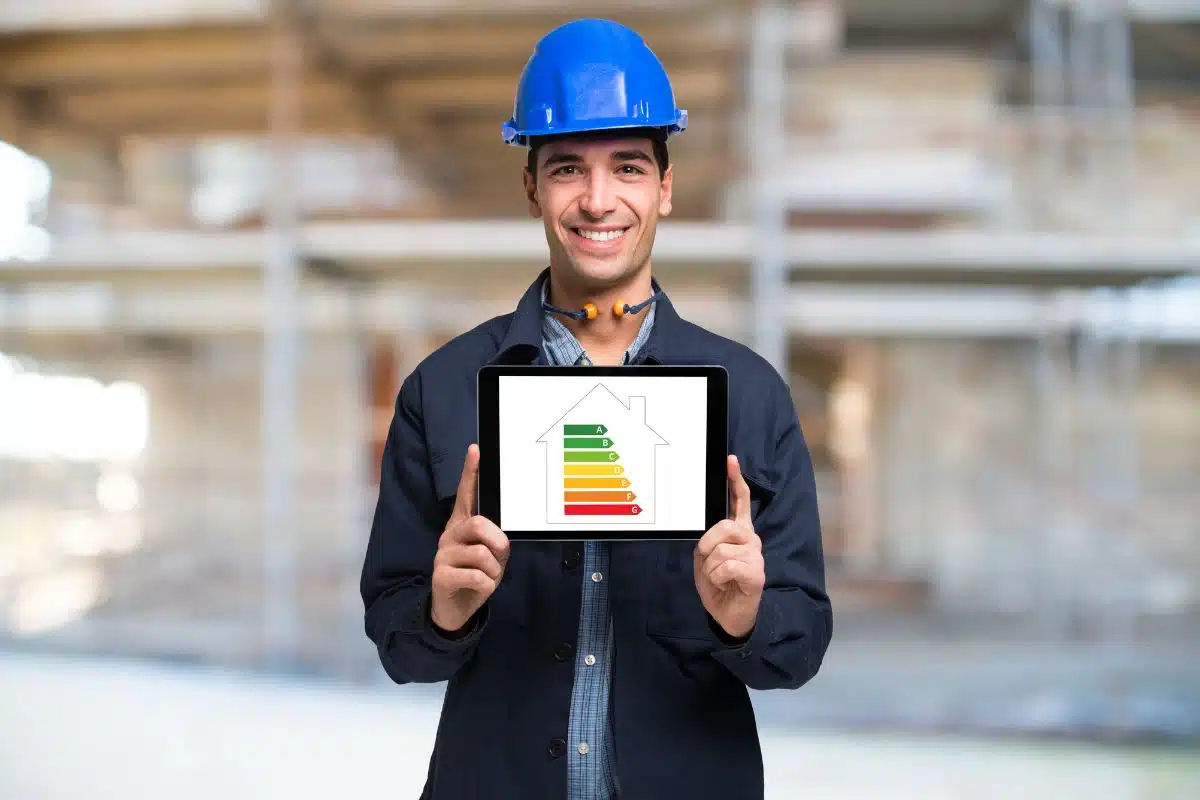 Tecnico presenta grafico di efficienza energetica edificio cantiere.