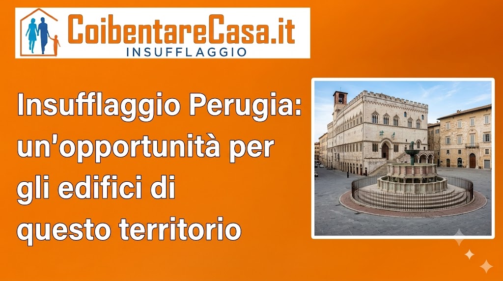 Banner arancione con logo CoibentareCasa.it e titolo sull'insufflaggio a Perugia accanto alla fotografia del Palazzo dei Priori.