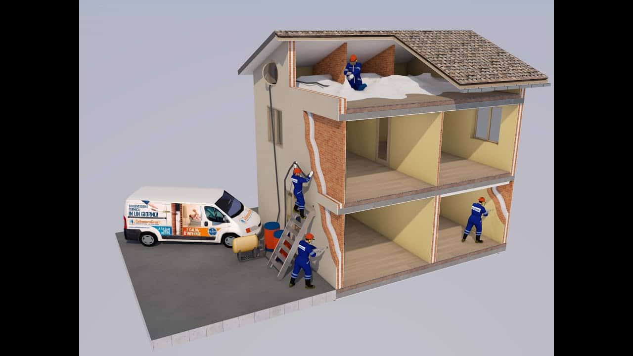 Coibentazione termica casa: operai al lavoro su edificio, furgone intervento. Isolamento termico muri.
