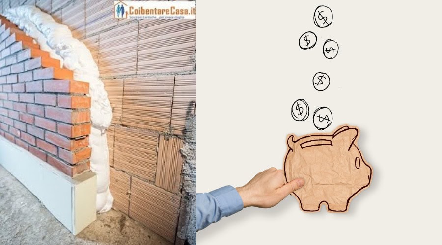 Isolamento termico della casa e risparmio energetico: muro con isolante e salvadanaio con soldi.