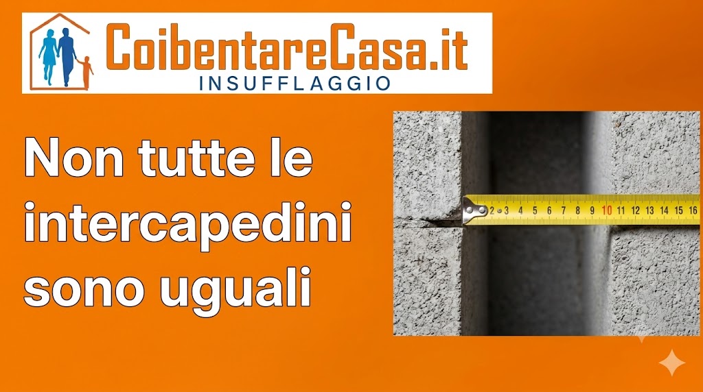 Metro a nastro giallo inserito nell'intercapedine tra due blocchi di cemento per misurare lo spessore prima dell'insufflaggio.