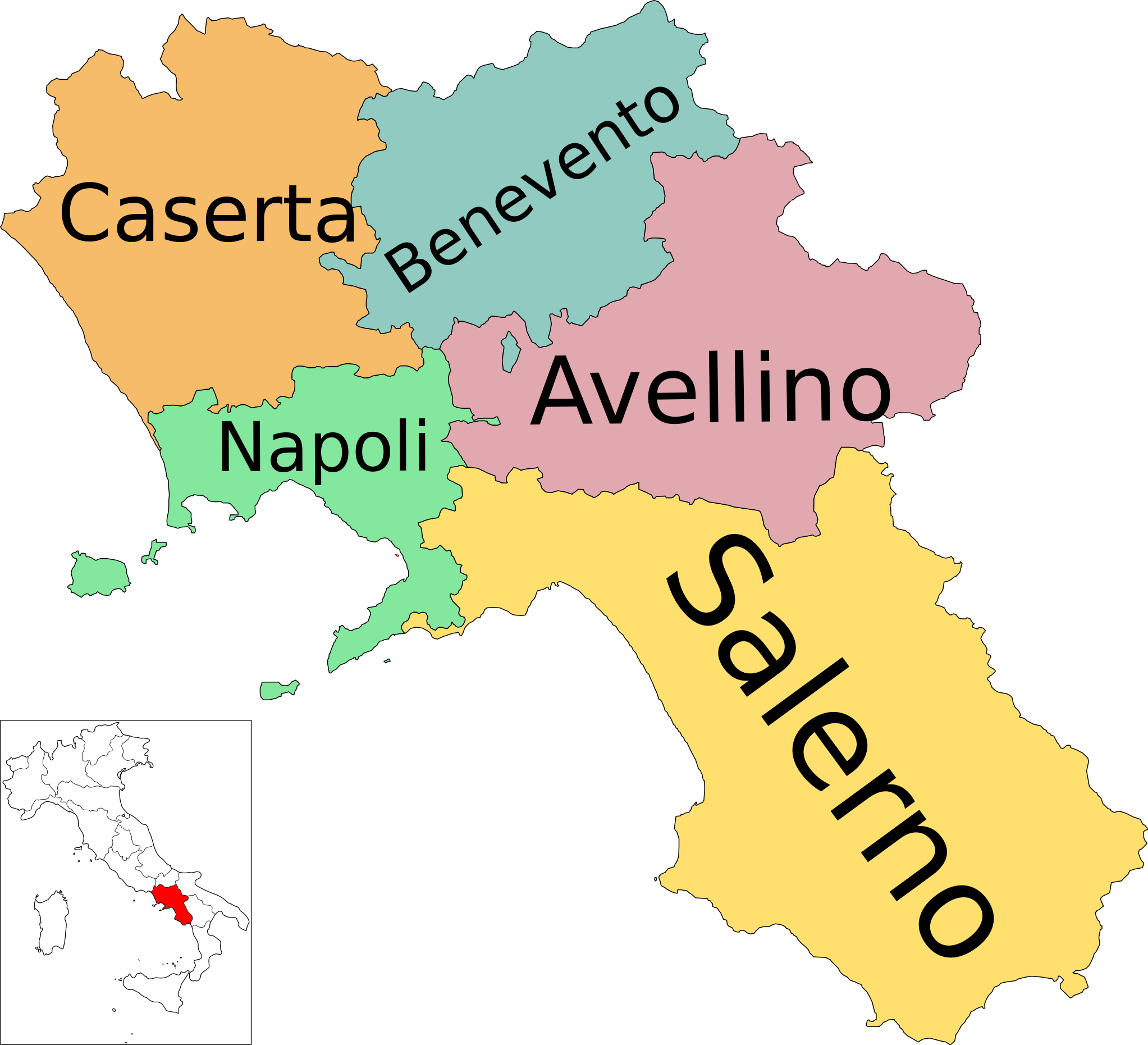 Mappa delle province campane per coibentazione e isolamento termico: Napoli, Caserta, Benevento, Avellino, Salerno. Dettaglio regioni italiane.