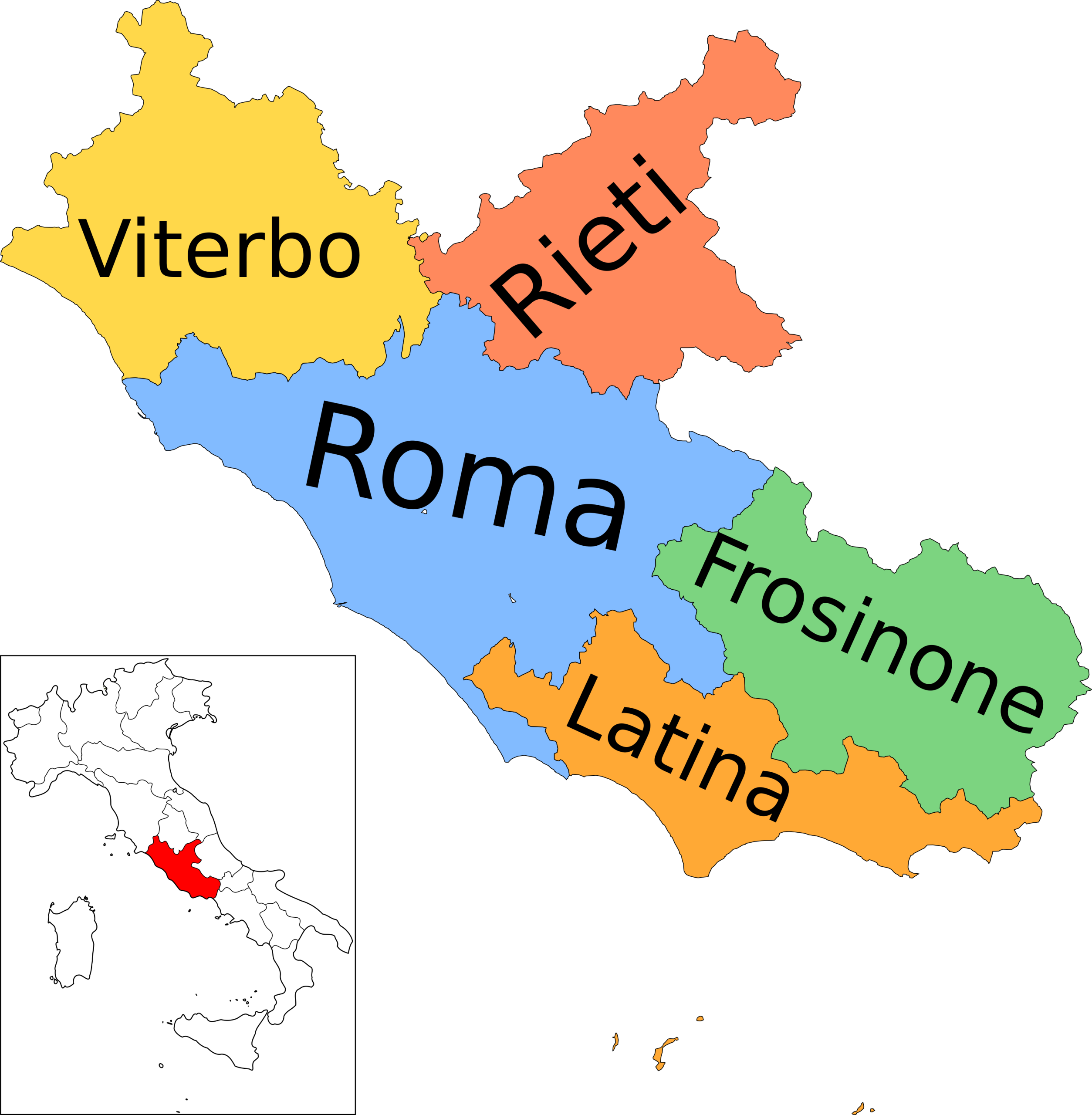 Mappa delle province del Lazio: Roma, Viterbo, Rieti, Frosinone, Latina. Isolamento termico e coibentazione in Liguria.
