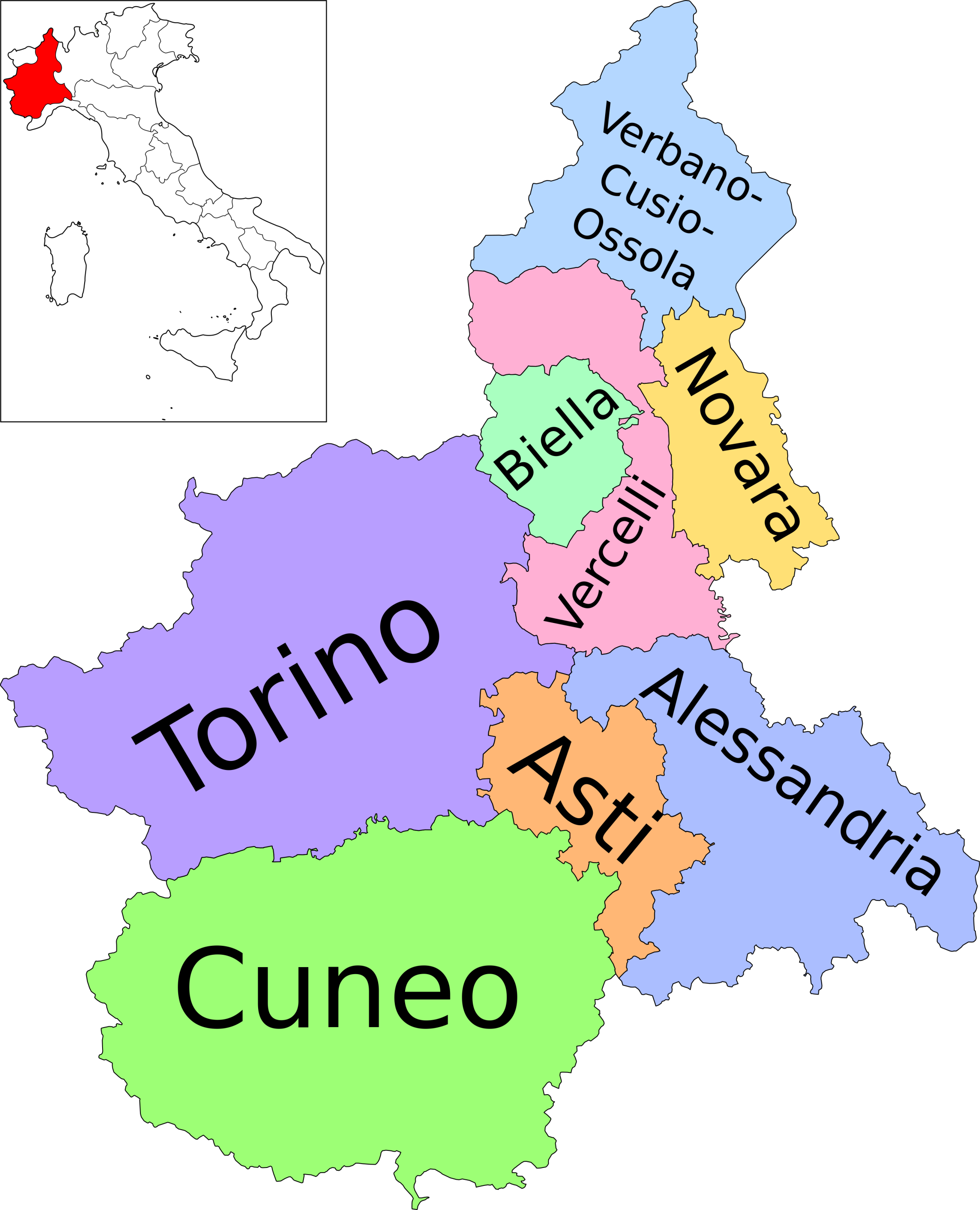 Mappa delle province del Piemonte, Italia. Coibentazione e isolamento termico in Piemonte: Torino, Cuneo, Asti, Novara, Alessandria, Biella, Vercelli, Verbano.