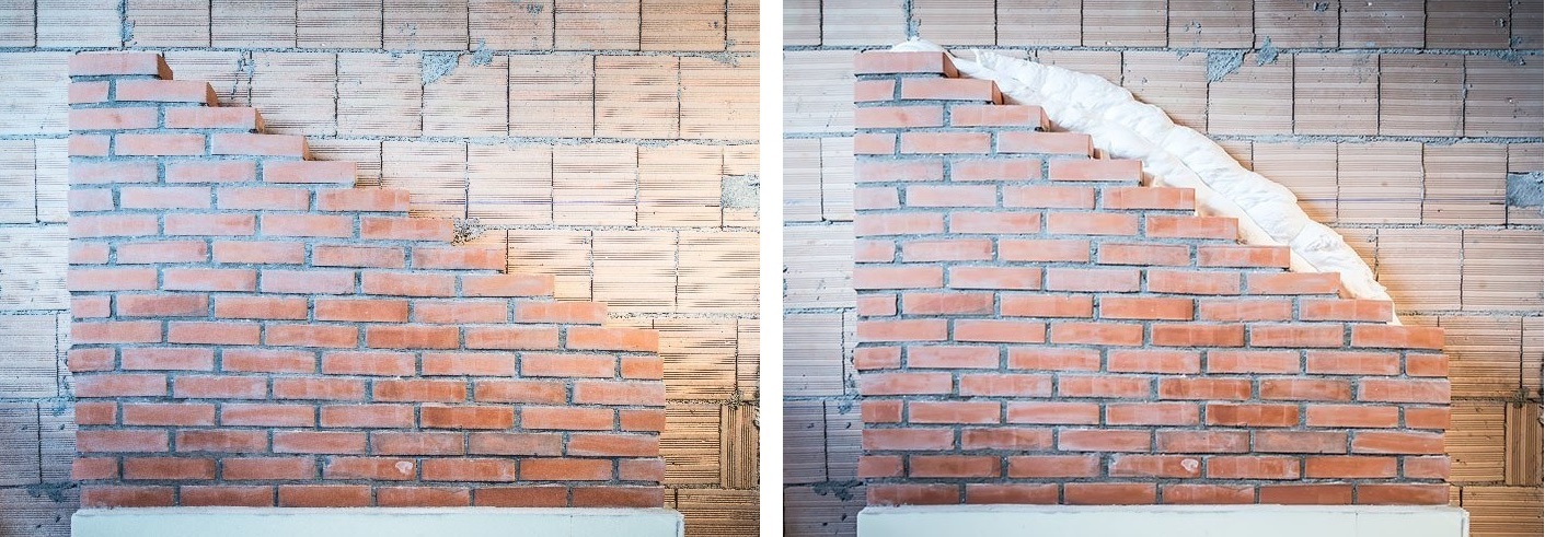 Isolamento termico: insufflaggio in intercapedine vuota. Efficienza energetica e comfort abitativo, dettaglio della parete isolata.