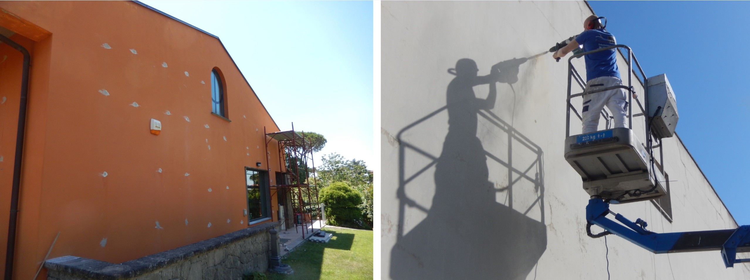 Confronto tipologie insufflaggio: edificio coibentato e operatore su elevatore. Efficienza energetica e isolamento termico.