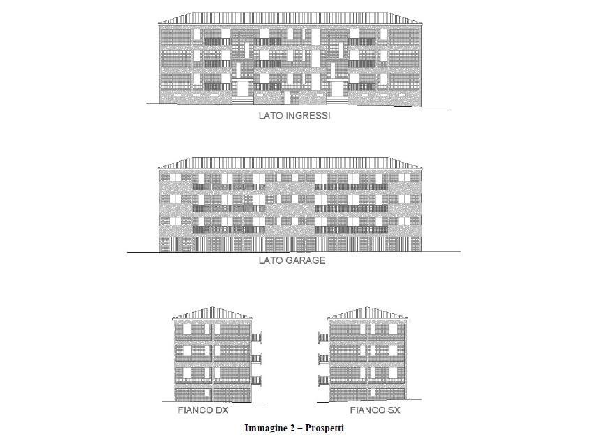 Prospetti architettonici edificio: ingressi, garage e laterali. Immagine dettagliata per progettisti e costruttori.
