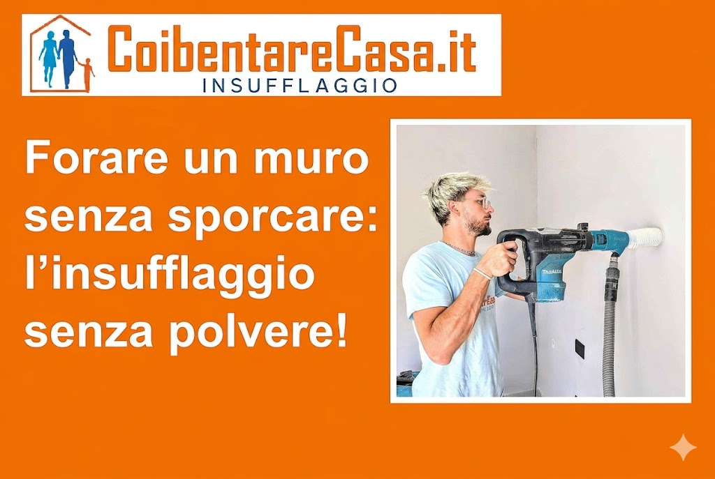 Tecnico utilizza un trapano professionale con sistema di aspirazione integrato per forare una parete senza sollevare polvere.