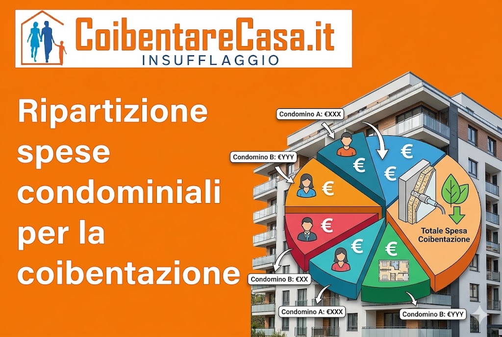 Grafico a torta sovrapposto a un condominio moderno che suddivide le spese di coibentazione tra i vari condomini.