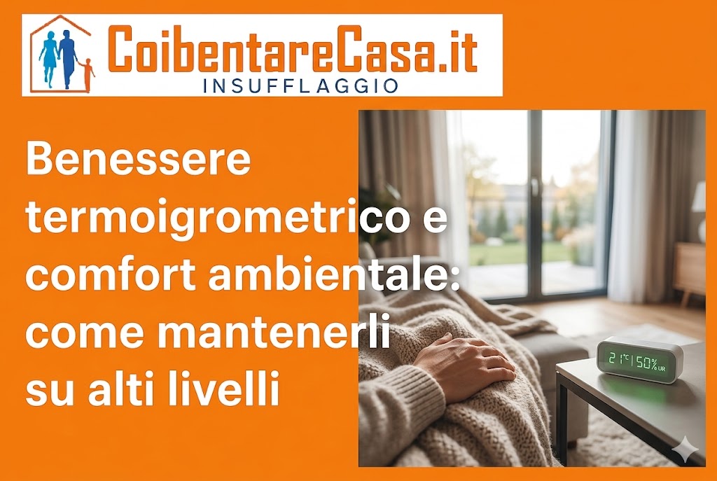 Igro-termometro digitale su tavolino accanto a una persona coperta da una coperta, con testo informativo su sfondo arancione.