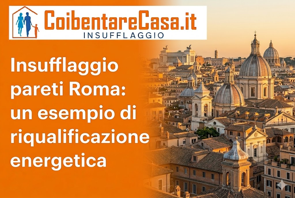 Veduta al tramonto sui tetti di Roma affiancata da un riquadro arancione con il logo CoibentareCasa.it e testo informativo.