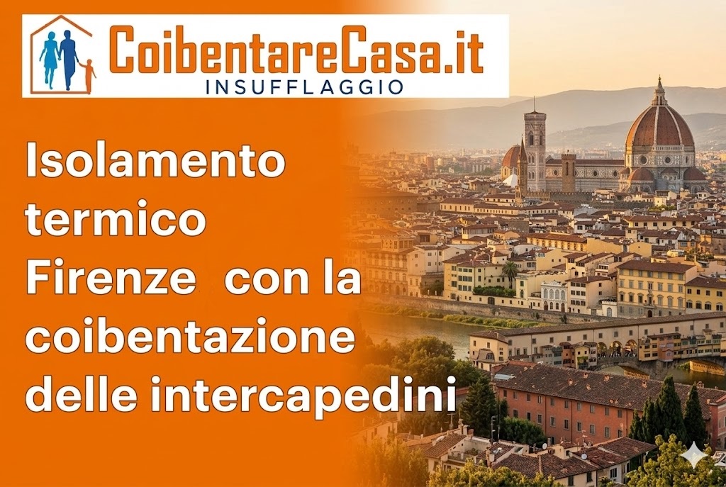Vista panoramica di Firenze al tramonto affiancata da un riquadro arancione con il logo CoibentareCasa.it e testo informativo.
