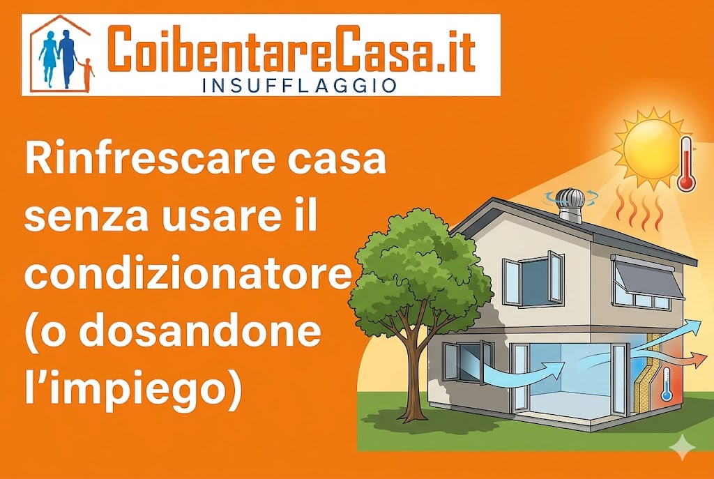 Illustrazione di una casa con isolamento termico, un albero e un sole cocente che suggerisce modi per rinfrescare gli ambienti.