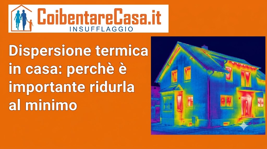Analisi termografica di un'abitazione che mostra la dispersione di calore dai muri perimetrali, con il logo CoibentareCasa.it ben visibile.