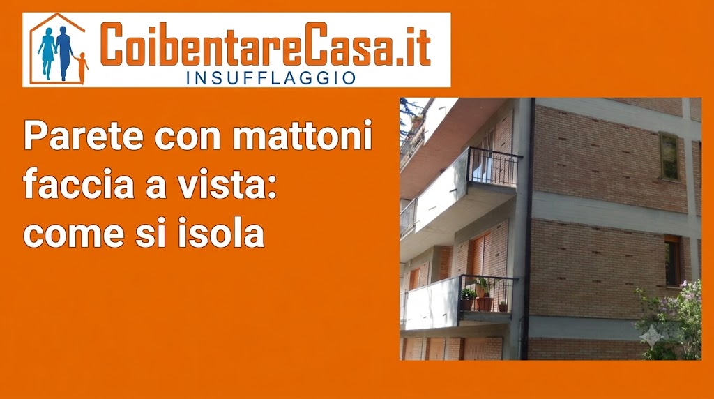 Dettaglio di un edificio con facciata in mattoni a vista, balconi in ferro e infissi in legno, incorniciato in un layout arancione.