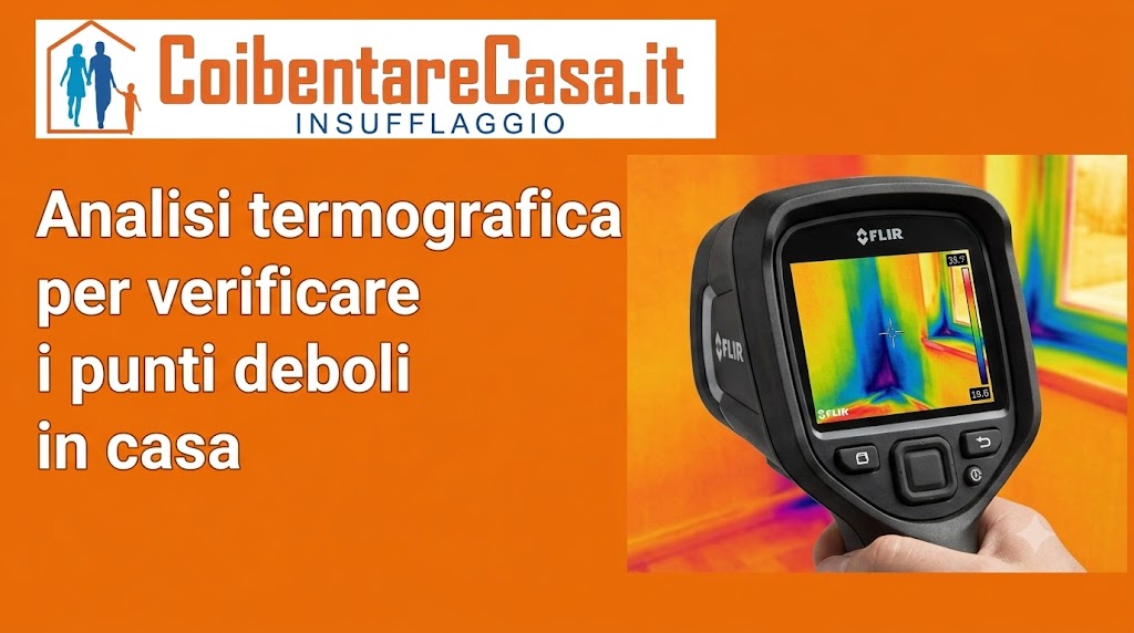 Termocamera FLIR che inquadra un angolo di una parete interna evidenziando zone fredde con colori blu e viola su sfondo arancione.