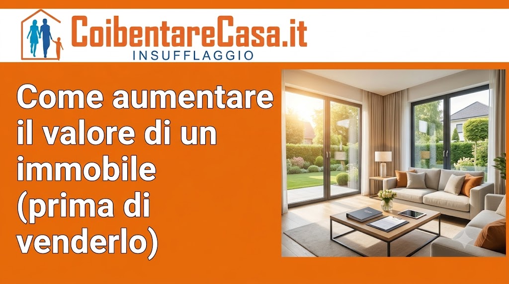 Soggiorno moderno e luminoso affacciato su un giardino curato, con logo CoibentareCasa.it e testo informativo su sfondo arancione.