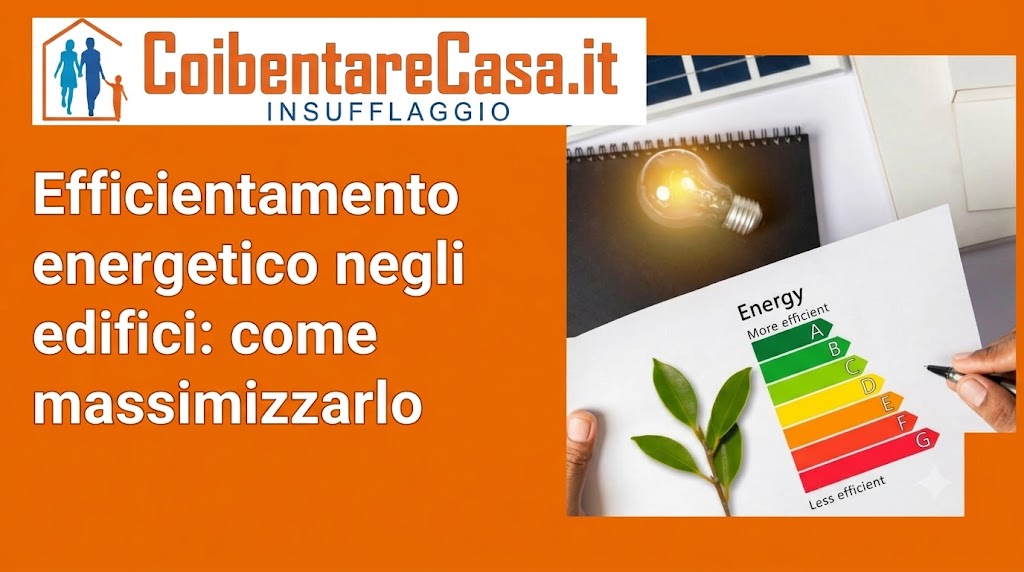 Mano che scrive su un grafico di classificazione energetica accanto a una lampadina accesa e un rametto verde su sfondo arancione.