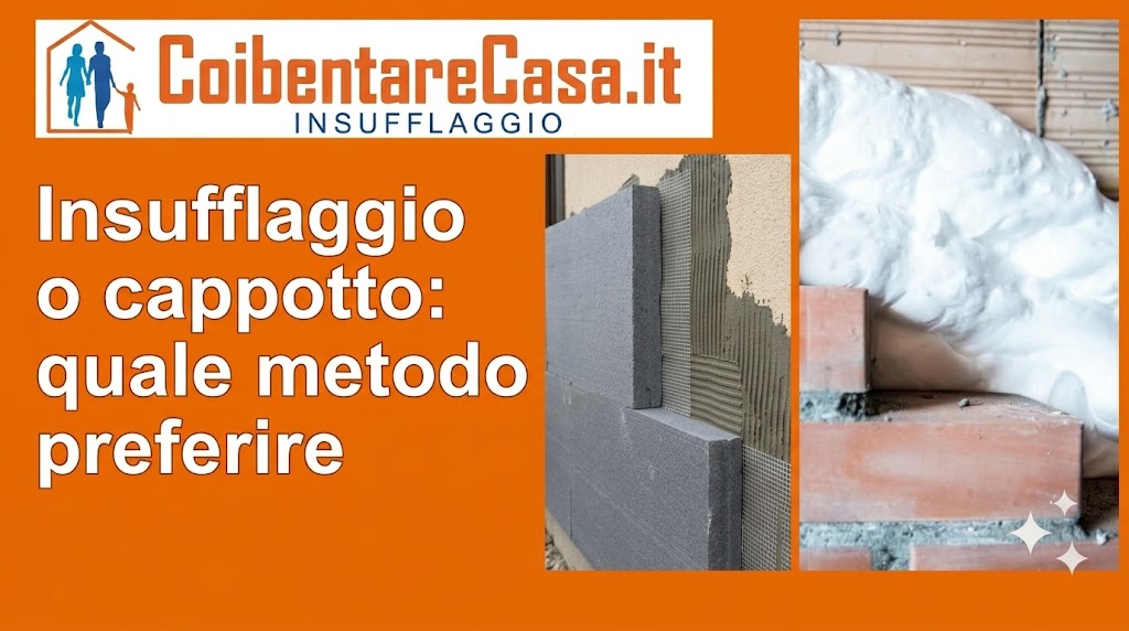 Confronto visivo tra l'installazione di pannelli isolanti grigi per cappotto termico e l'iniezione di schiuma bianca in una parete di mattoni.