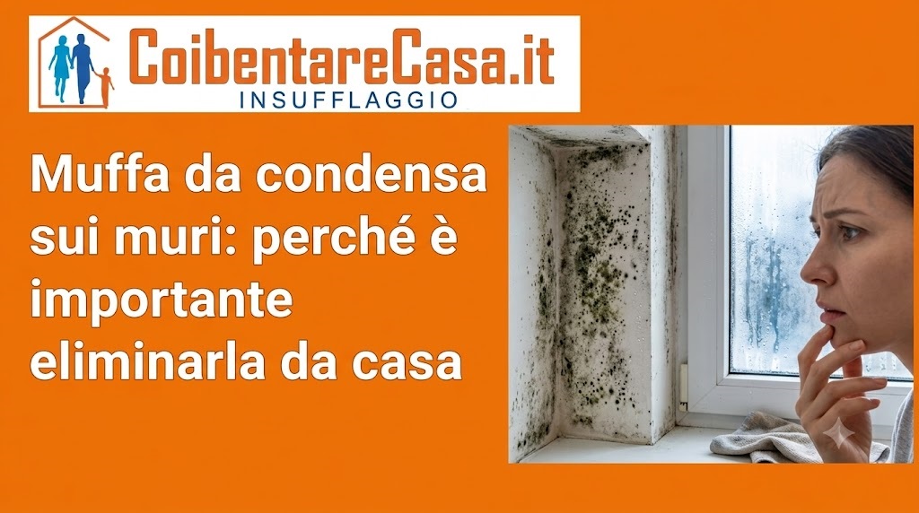 Profilo di una donna che osserva con dispiacere la muffa proliferata nell'angolo interno di una parete accanto a una finestra appannata.