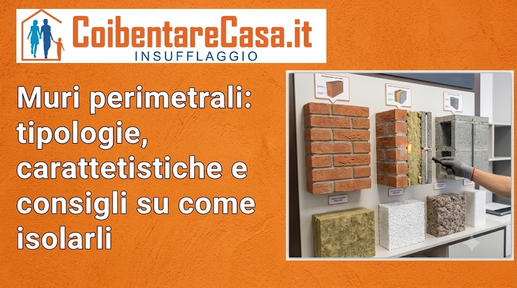 Campioni di diverse tipologie di murature e materiali isolanti esposti su un pannello informativo con mano che indica i componenti.