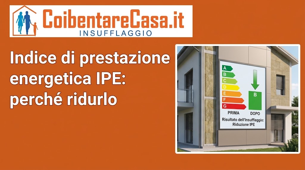 Grafico a barre colorate con una freccia verde che indica il miglioramento della classe energetica B su una parete esterna di un edificio.