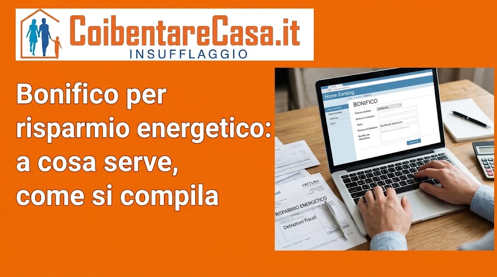 Logo CoibentareCasa.it con testo su bonifico per risparmio energetico e mano che digita su laptop