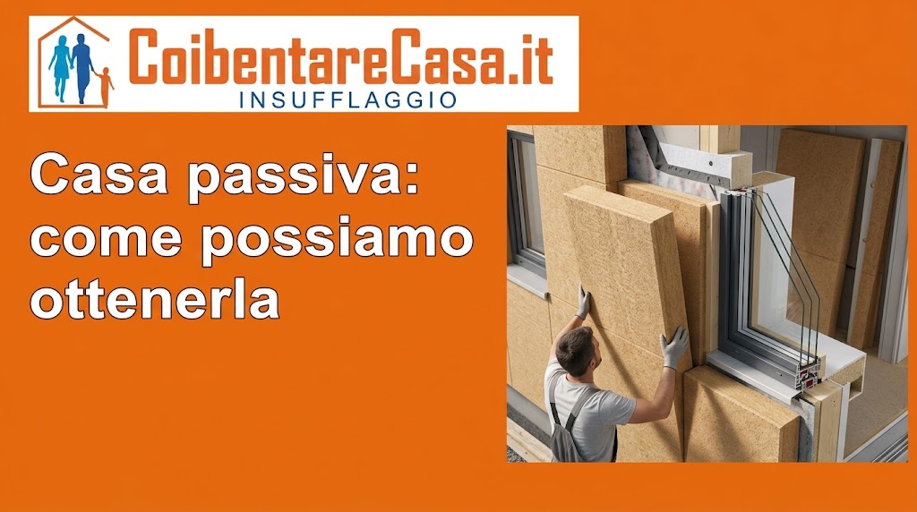 Tecnico in maglietta grigia posiziona un pannello isolante color ocra su una parete esterna a sezioni che rivela la struttura del serramento.