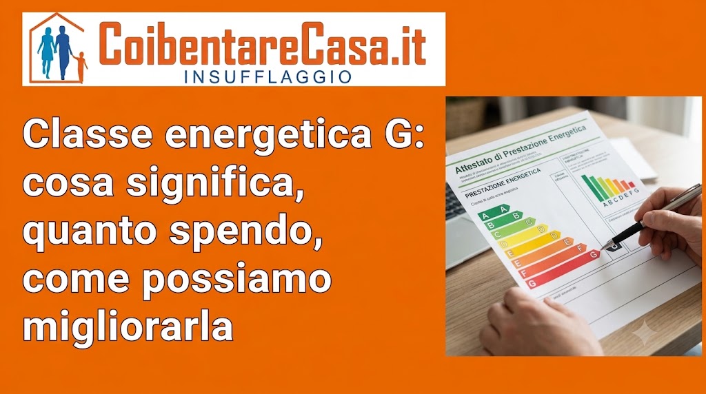 Logo CoibentareCasa.it con testo su classe energetica G e mano che scrive su un modulo di attestato di prestazione energetica