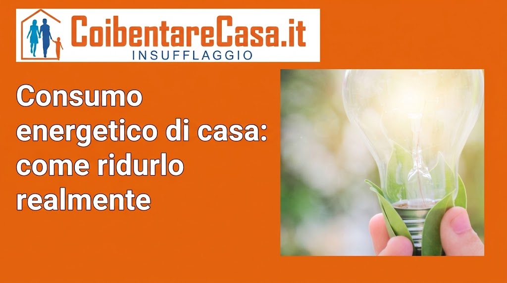 Mano che regge una lampadina accesa avvolta da foglie verdi su sfondo arancione con il logo CoibentareCasa.it e scritte informative.