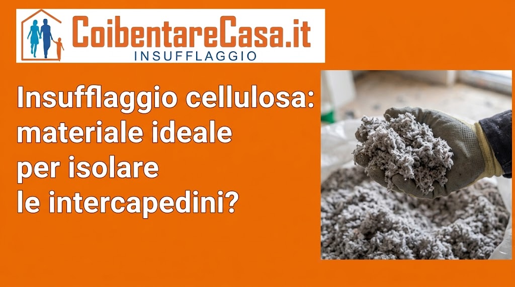 Fiocchi di cellulosa grigia tenuti in mano con guanti da lavoro accanto a un sacco, con testo su insufflaggio per isolare le intercapedini.