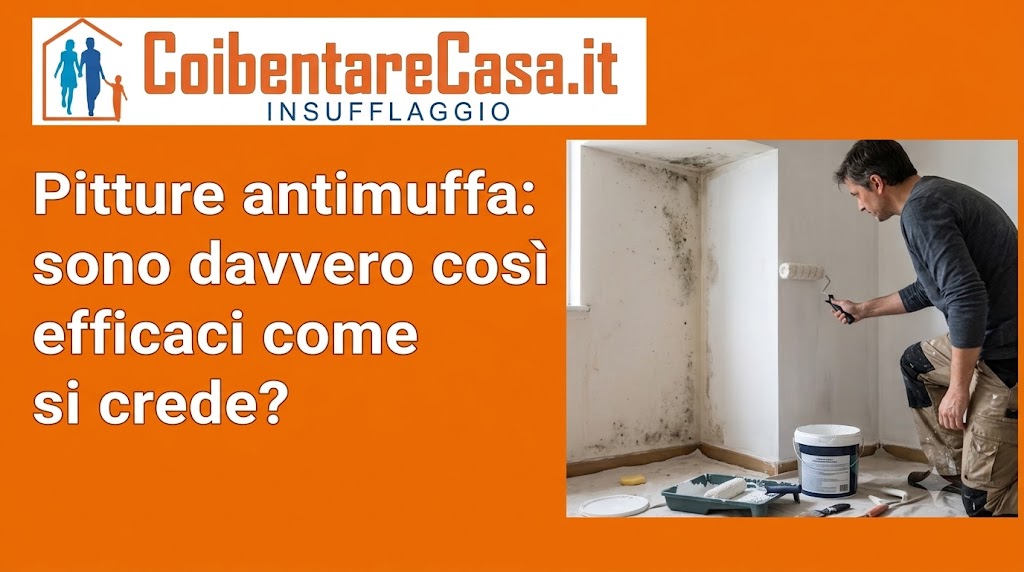 Uomo con abbigliamento da lavoro osserva la parete con macchie di muffa accanto a un secchio di pittura antimuffa.