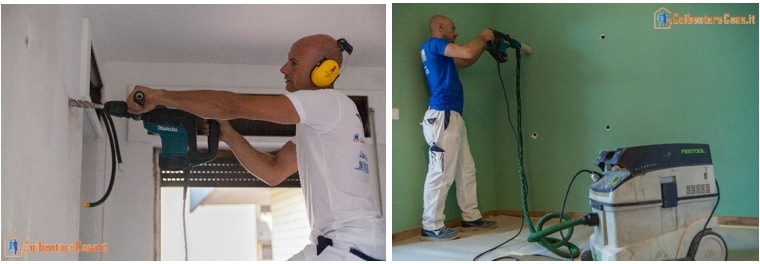 isolamento termico pareti interne fase di foratura delle pareti